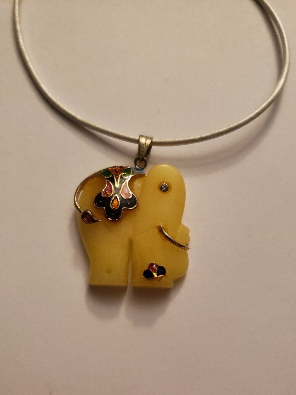 Elephant Pendant Necklace Cloisonne Off-White Cream White Corded Animal Jewelry